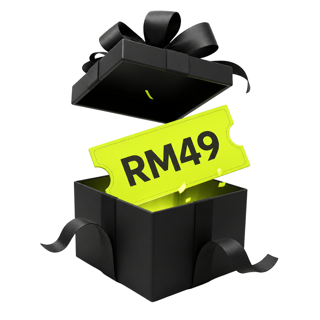 Black gift box with a lime RM49 welcome voucher